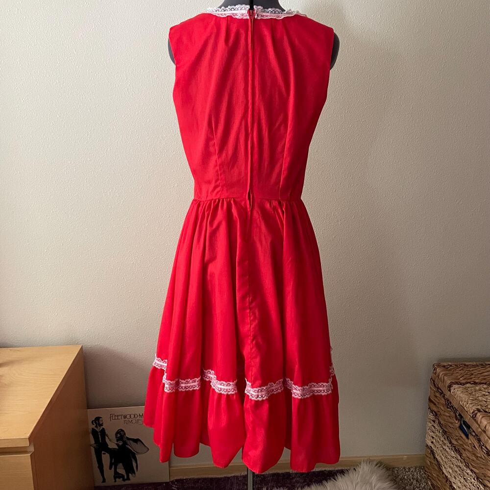 70's vtg red prairie cottage core dress lace up milkmaid square dancing Jeri Bee - Picture 5 of 11